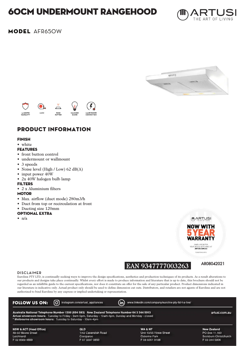Page n°1 - Fiche technique Artusi AFR650W