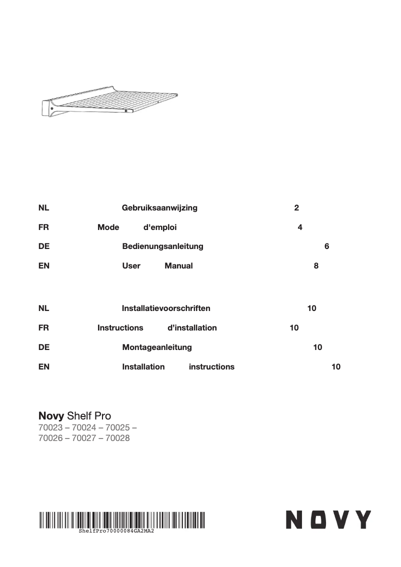 Page 1 de la notice Manuel utilisateur Novy Shelf Pro 70028