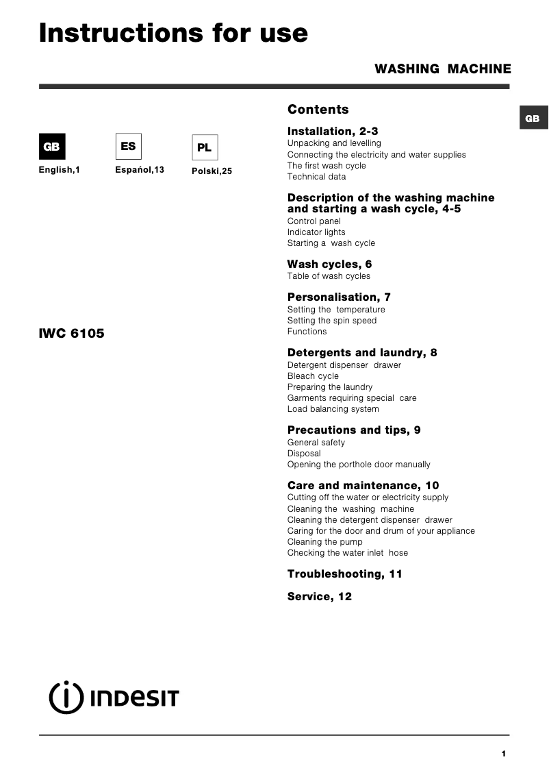 Page n°1 - Manuel utilisateur Indesit IWC 6105
