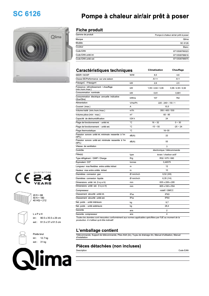 Page 1 de la notice Fiche technique Qlima SC6126