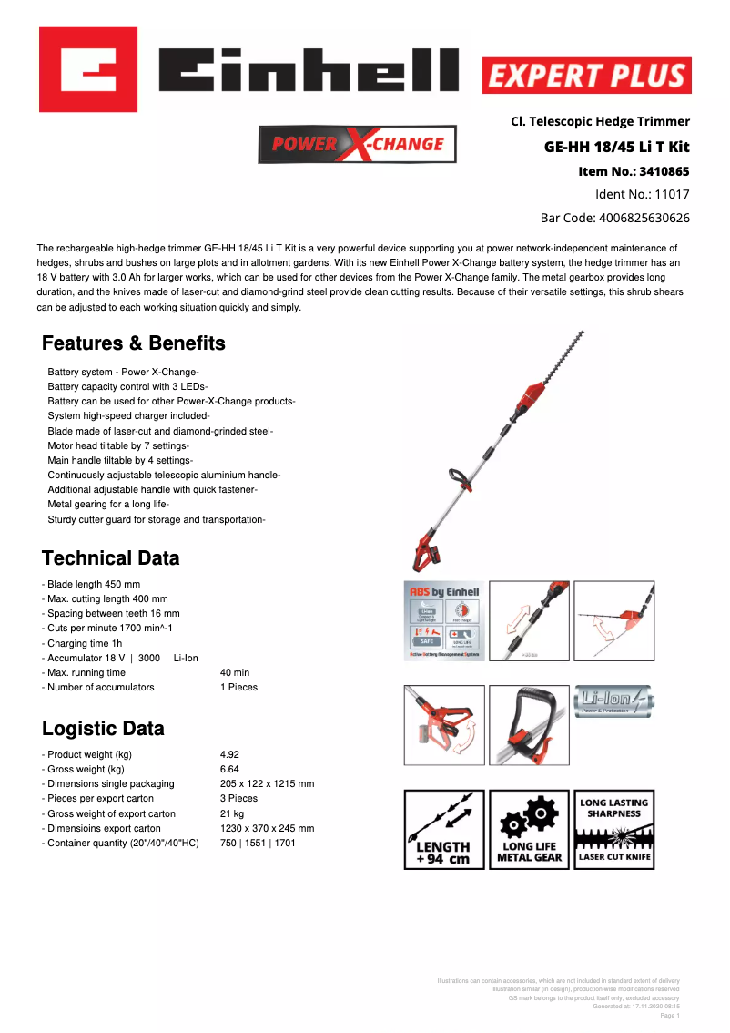 Page 1 de la notice Fiche technique Einhell GE-HH 18/45 Li T Kit