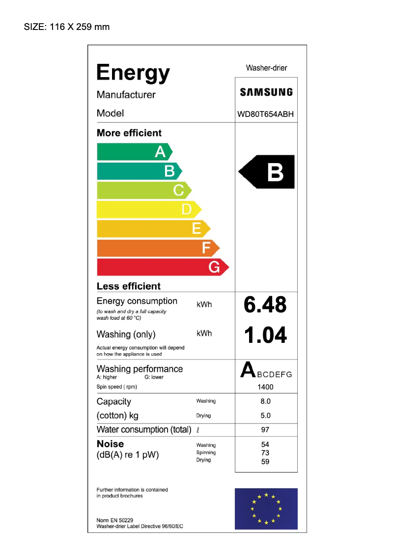 Page 1 de la notice Label énergétique Samsung WD80T654ABH