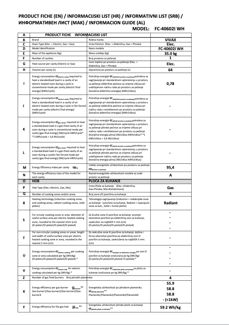 Page 1 de la notice Fiche technique Vivax FC-40602I WH