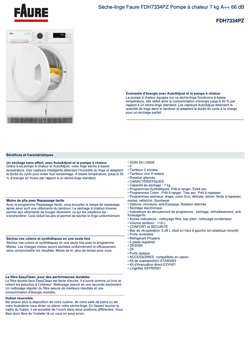 Page 1 de la notice Fiche technique Faure FDH7334PZ
