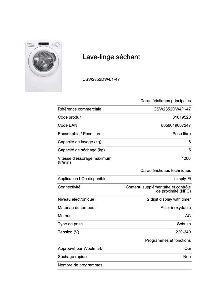 Page 1 de la notice Fiche technique Candy CSW2852DW4/1-47