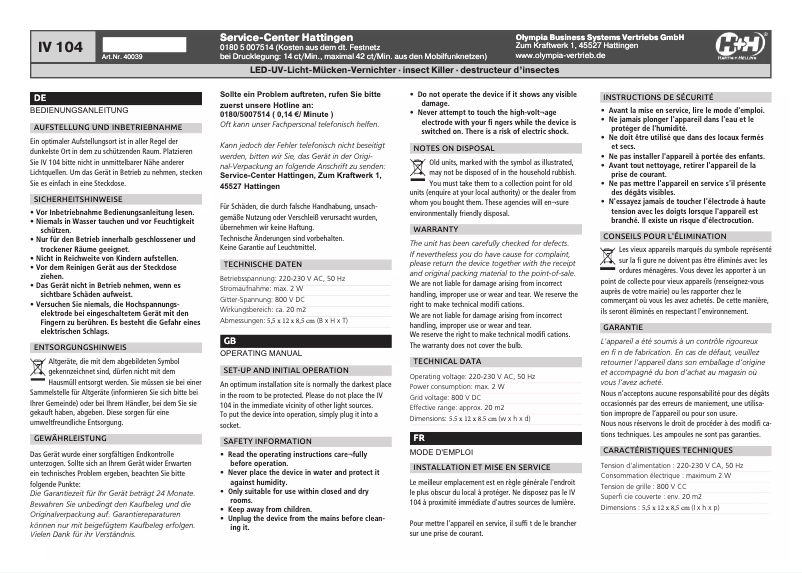 Page 1 de la notice Manuel utilisateur Olympia IV 104