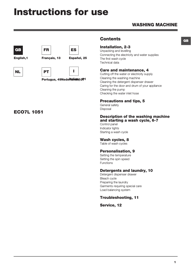 Image de la première page du manuel de l'appareil ECO7L 1051 (EU).T