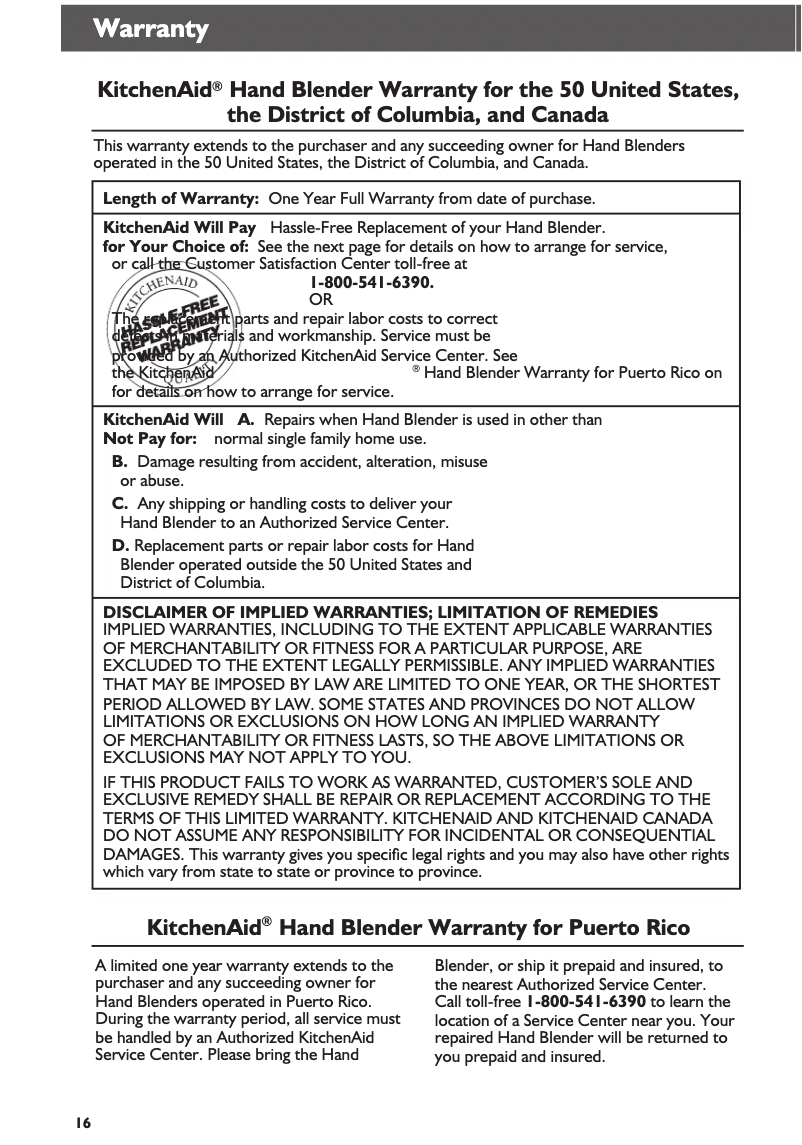 Page 1 de la notice Informations de garantie KitchenAid KHB2351