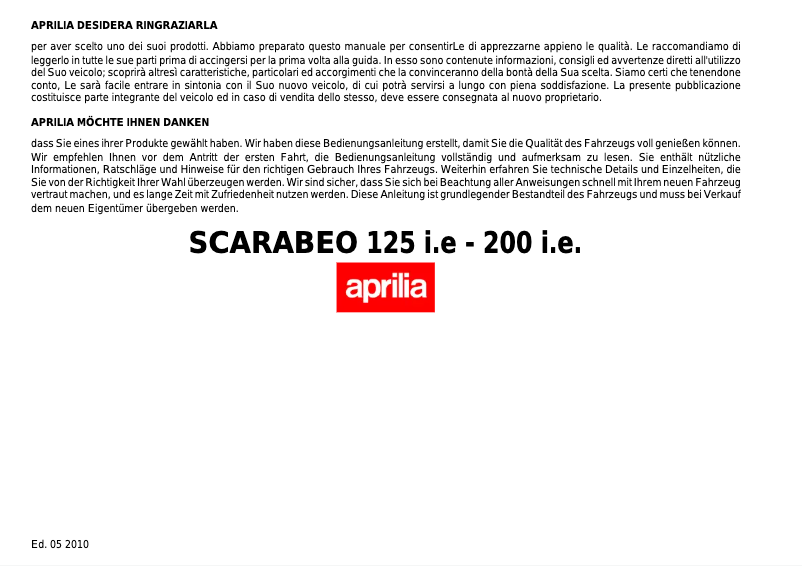 Page 1 de la notice Manuel utilisateur Aprilia Scarabeo 200 i.e. (2010)