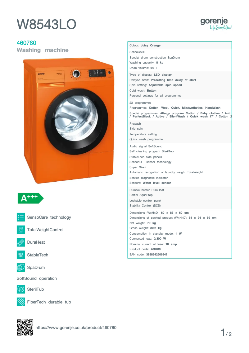Page 1 de la notice Fiche technique Gorenje W8543LO