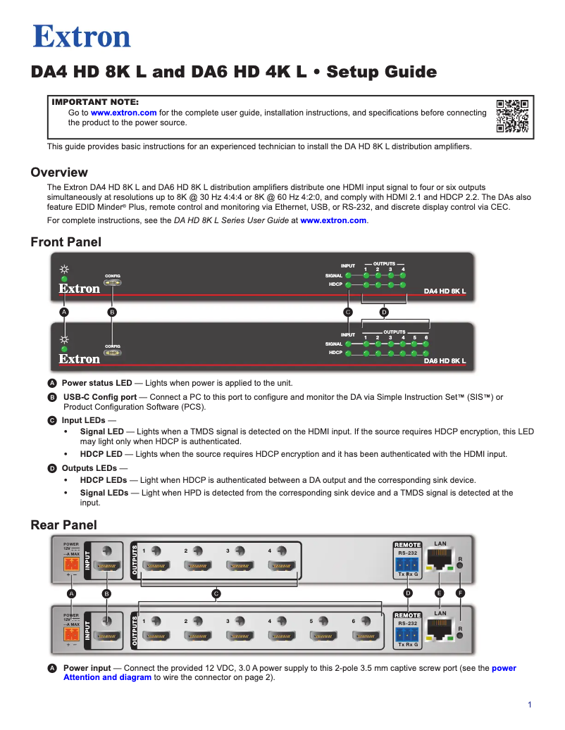 Page 1 de la notice Manuel utilisateur Extron DA HD 8K L