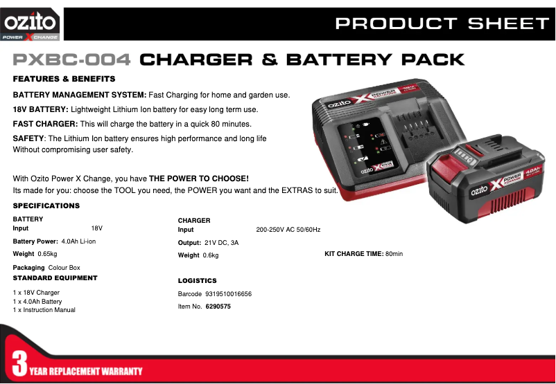 Page 1 de la notice Fiche technique Ozito PXBC-004