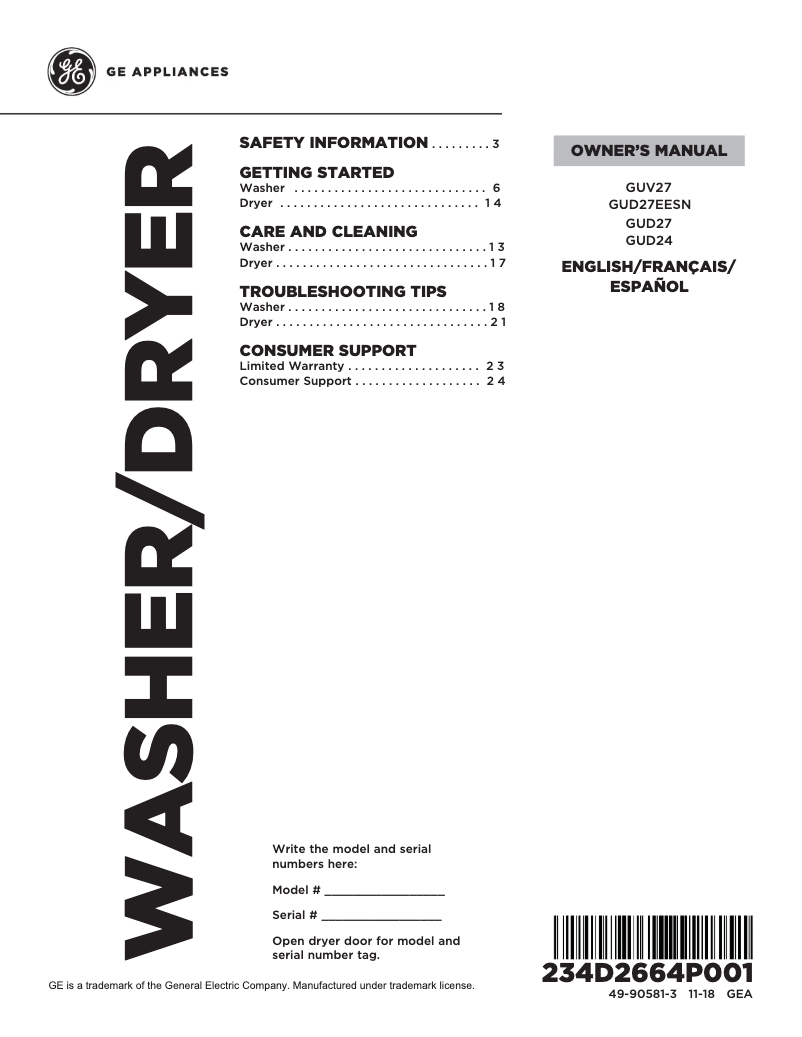 Page 1 de la notice Manuel utilisateur GE GUD27GSPMDG