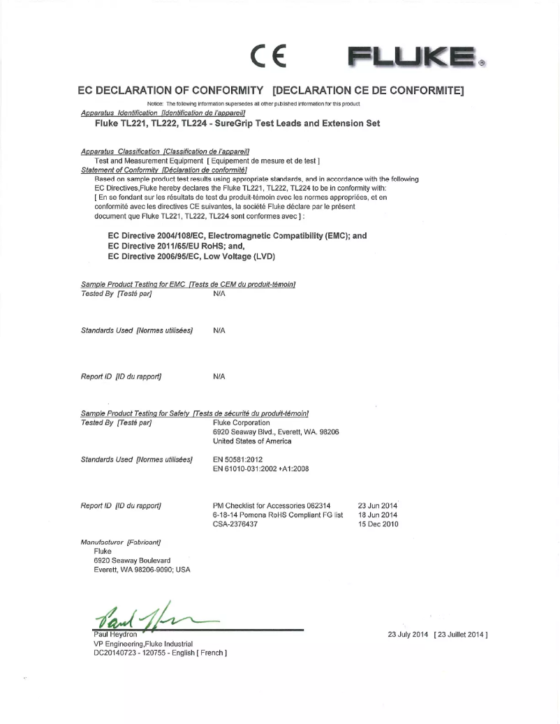 Page 1 de la notice Manuel utilisateur Fluke TL224