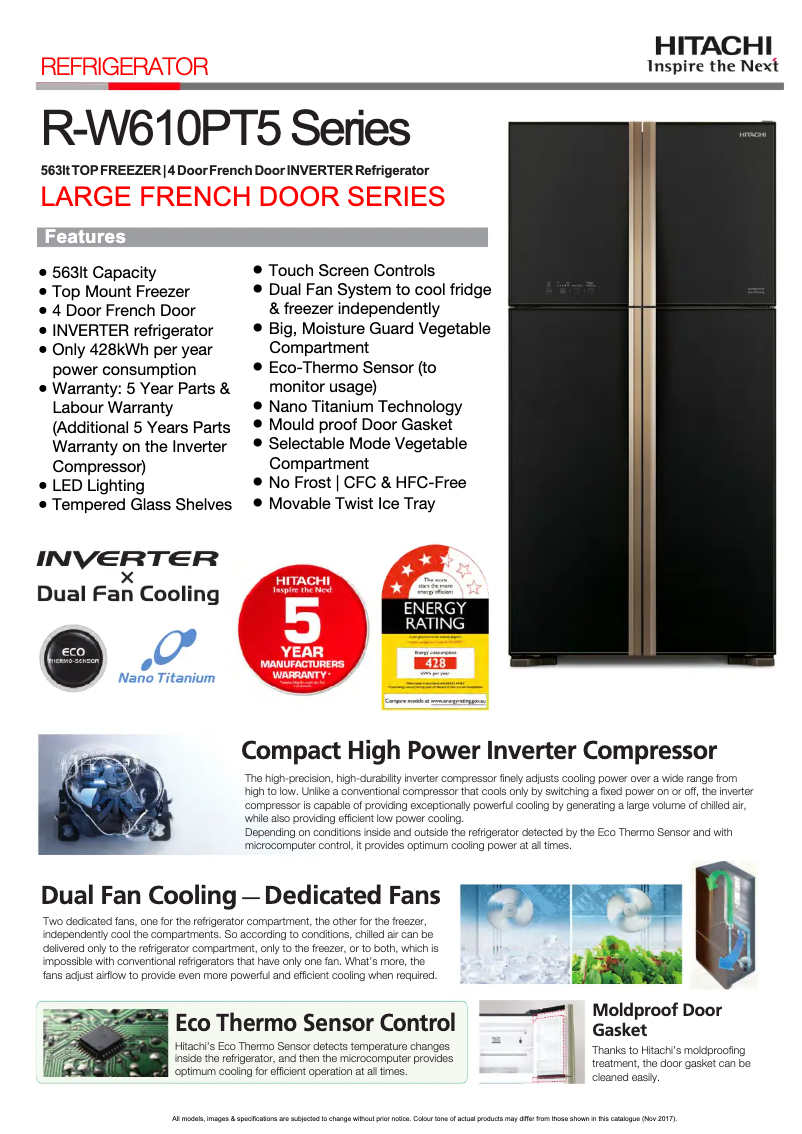 Page 1 de la notice Fiche technique Hitachi R-W610PT5