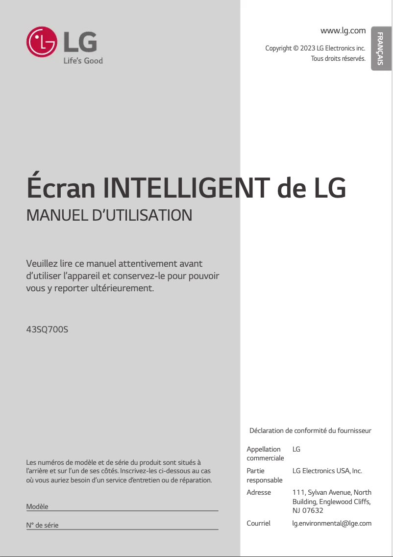 Page 1 de la notice Manuel utilisateur LG 43SQ700S