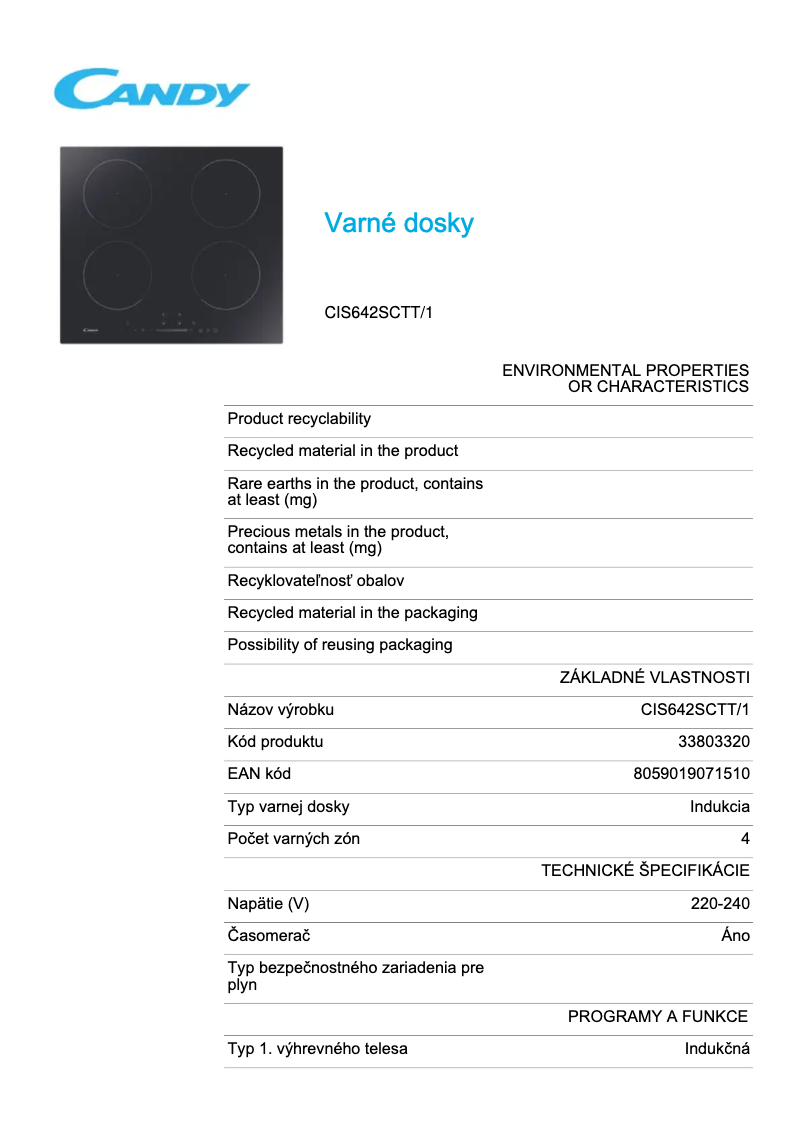 Page 1 de la notice Fiche technique Candy CIS642SCTT/1