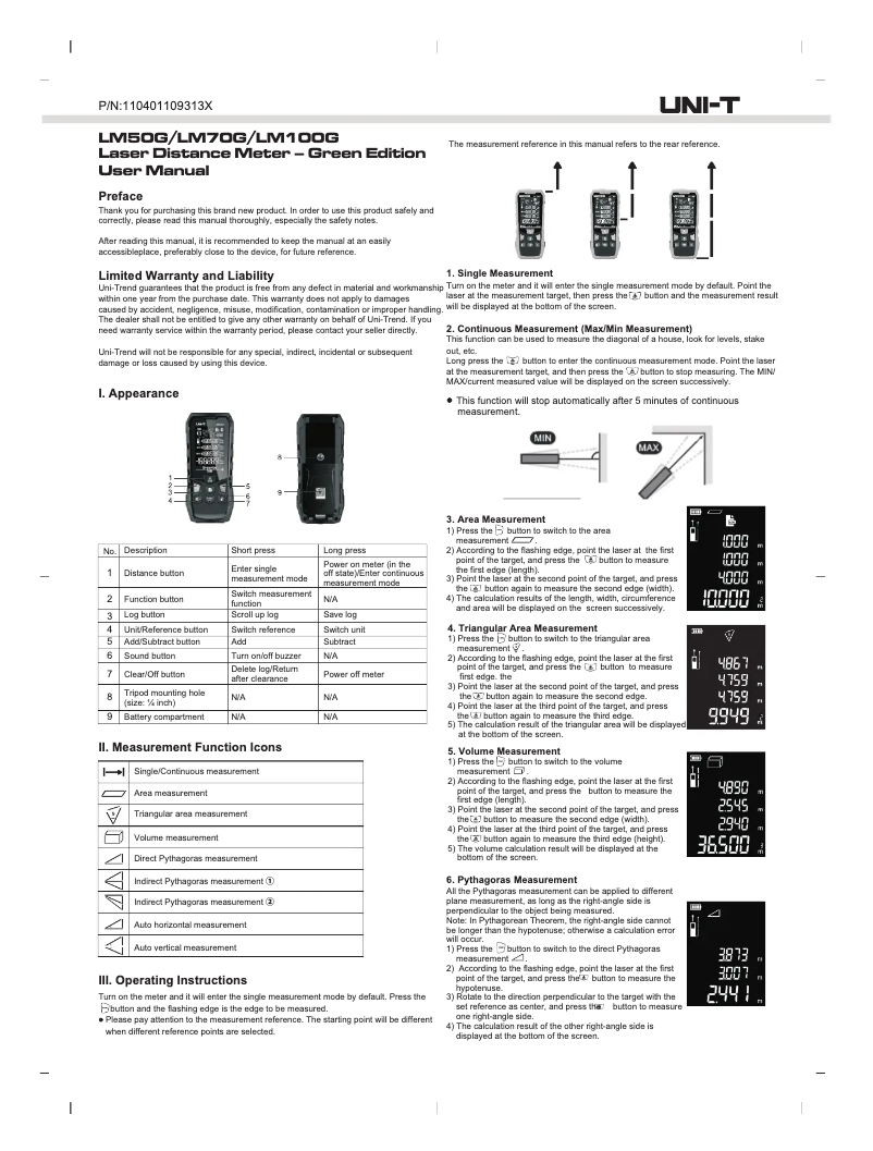 Page 1 de la notice Manuel utilisateur Uni-T LM100G