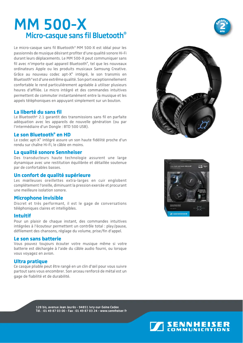 Page 1 de la notice Fiche technique Sennheiser MM 500-X