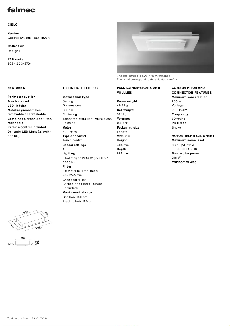 Page 1 de la notice Fiche technique Falmec Cielo
