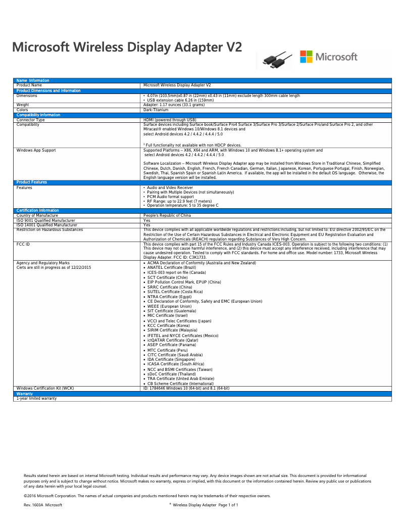 Page n°1 - Fiche technique Microsoft Wireless Display Adapter V2