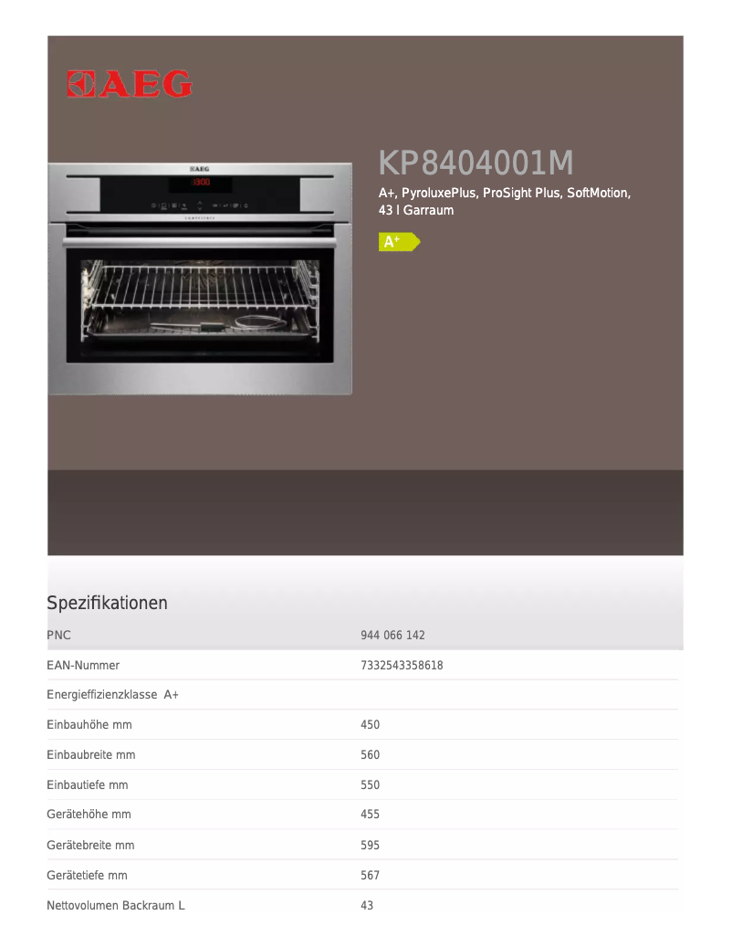 Page 1 de la notice Fiche technique AEG KP8404001M