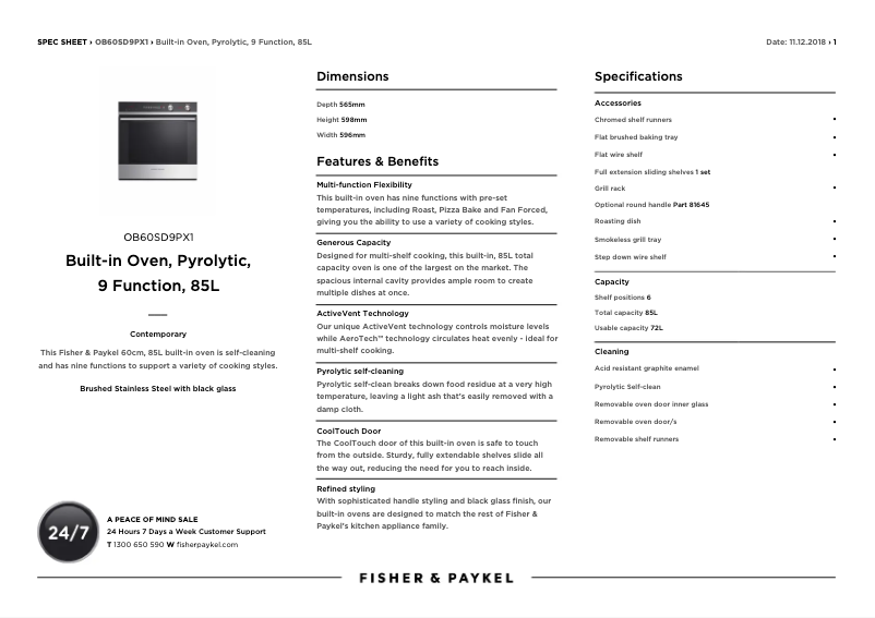 Page 1 de la notice Fiche technique Fisher & Paykel OB60SD9PX1