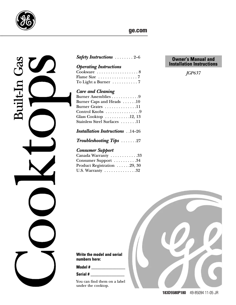 Page n°1 - Manuel d'utilisation et d'entretien GE JGP637WEJWW