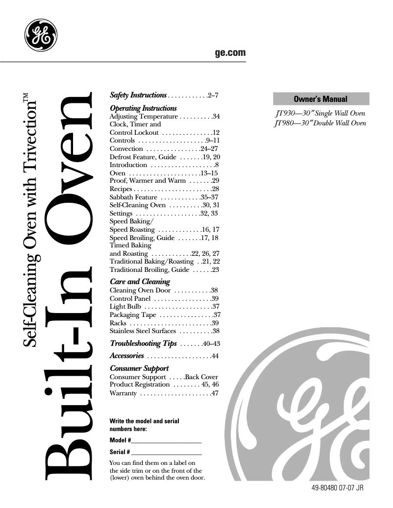 Page n°1 - Manuel d'utilisation et d'entretien GE Profile JT980CHCC