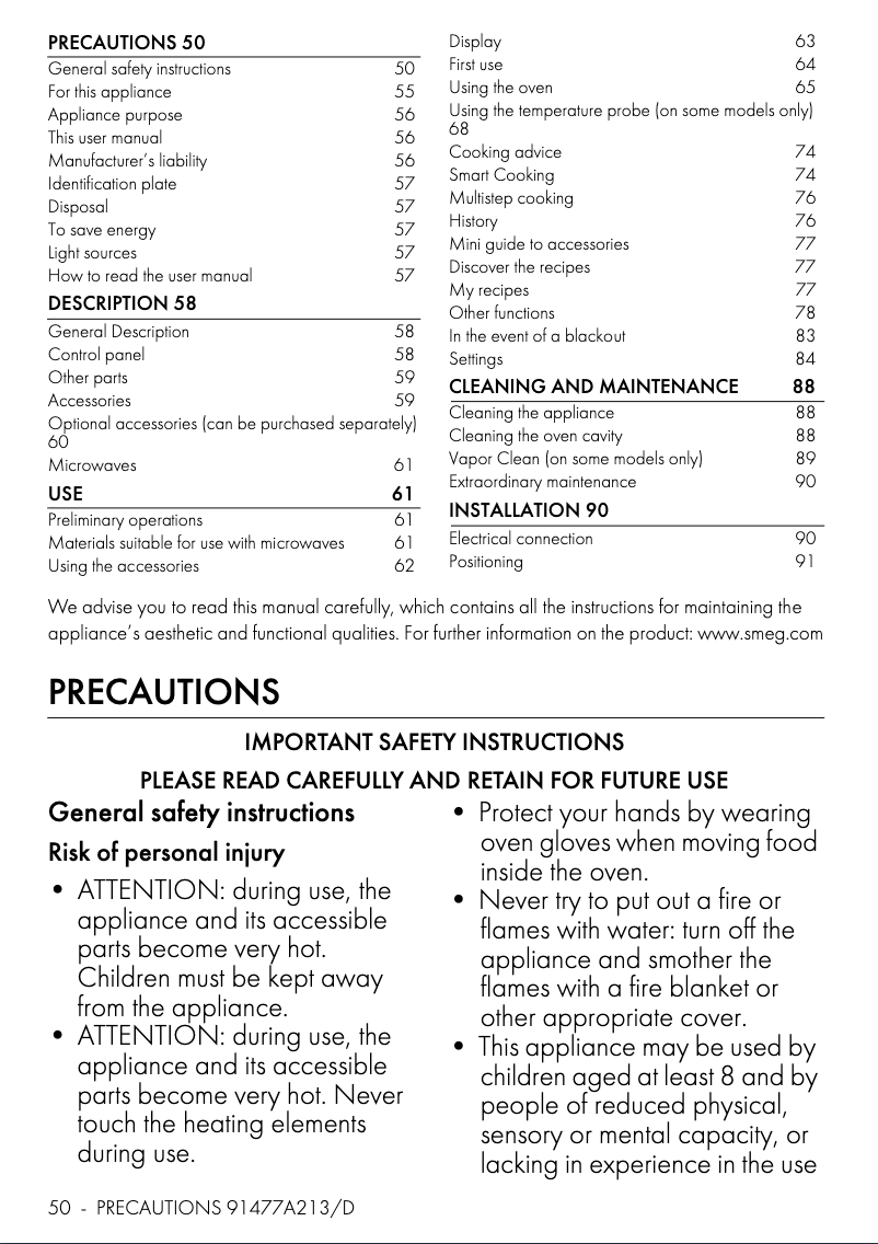 Page 1 de la notice Fiche technique Smeg SO4104M2PB3