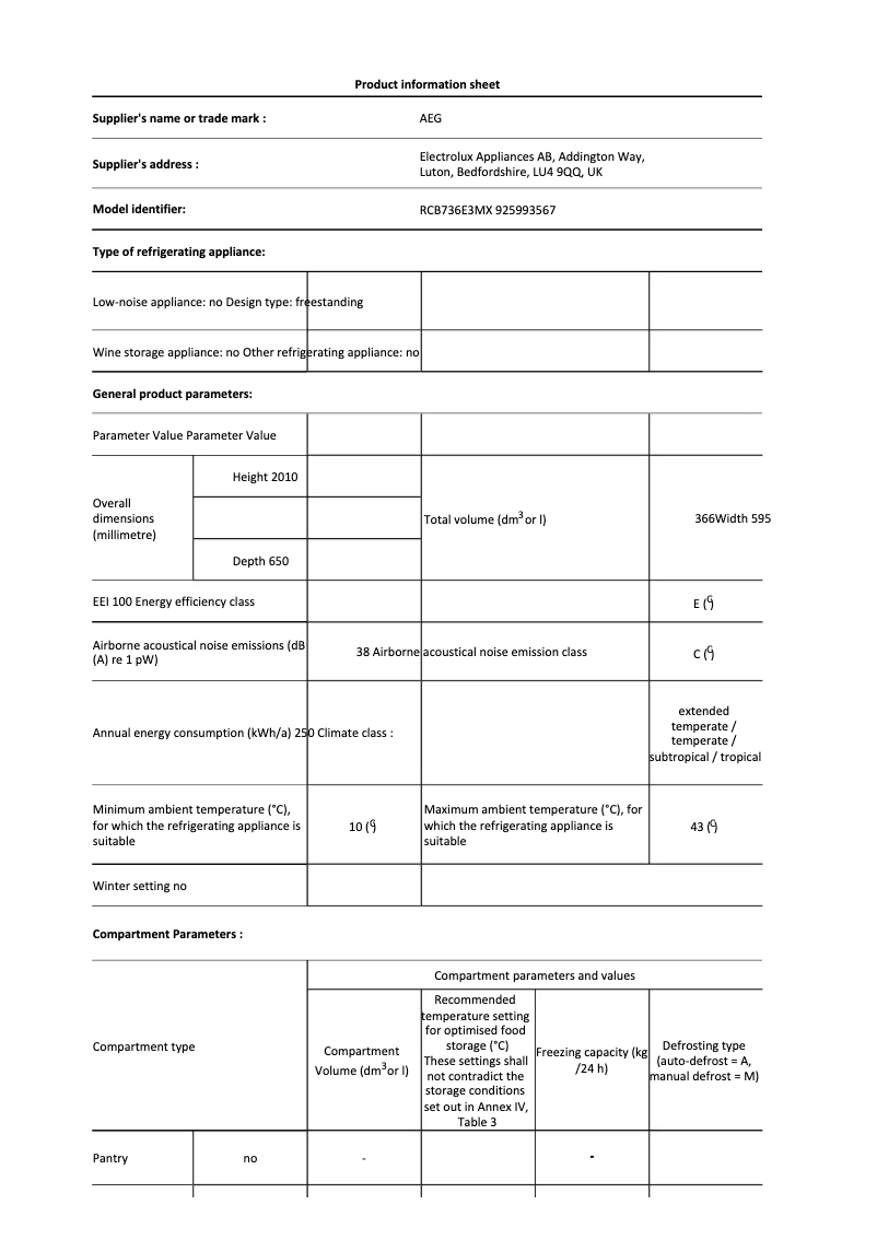 Page 1 de la notice Fiche technique AEG RCB736E3MX