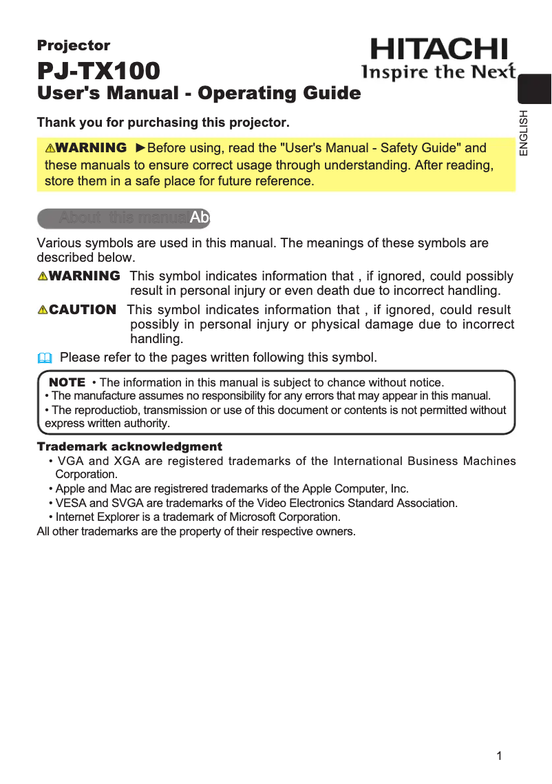 Page n°1 - Manuel utilisateur Hitachi PJ-TX100