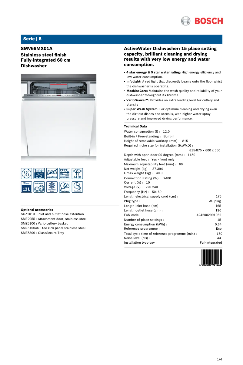 Page 1 de la notice Fiche technique Bosch SMV66MX01A