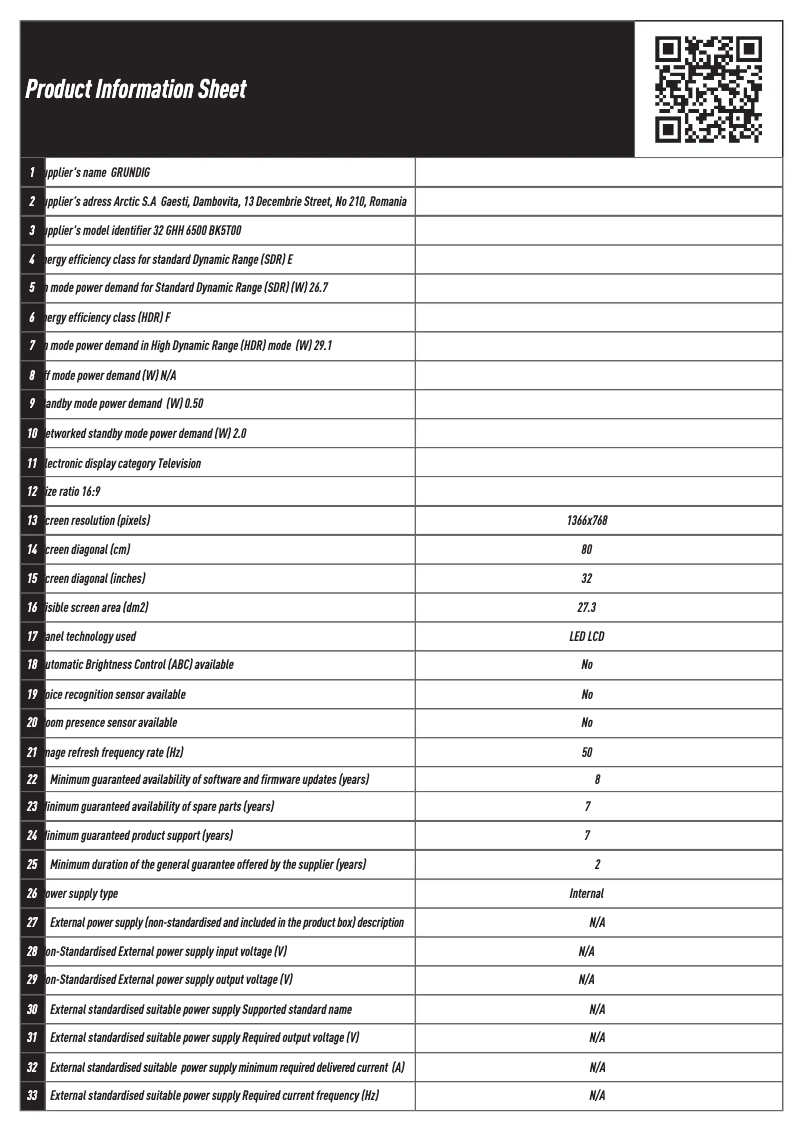 Page n°1 - Fiche technique Grundig 32GHH6500