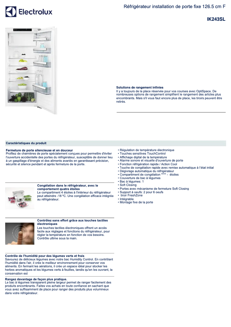 Page 1 de la notice Fiche technique Electrolux IK243SL