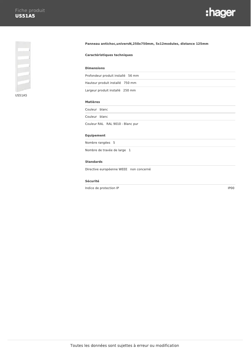 Page 1 de la notice Fiche technique Hager US51A5