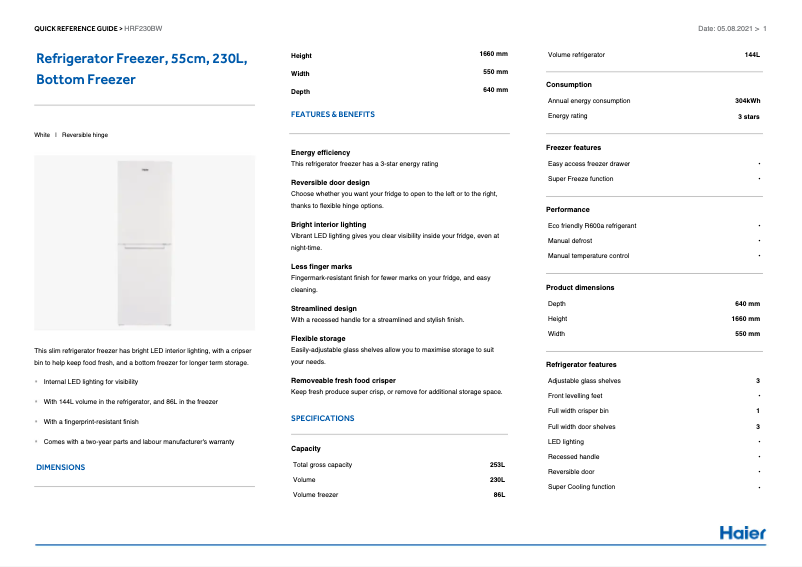 Page 1 de la notice Manuel utilisateur Haier HRF230BW