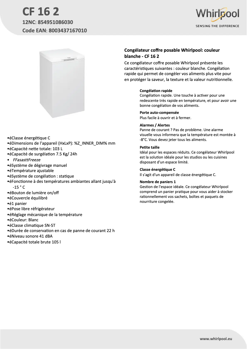 Page 1 de la notice Fiche technique Whirlpool CF 16 2