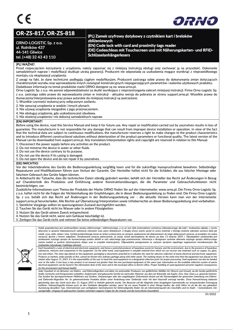 Image de la première page du manuel de l'appareil OR-ZS-818