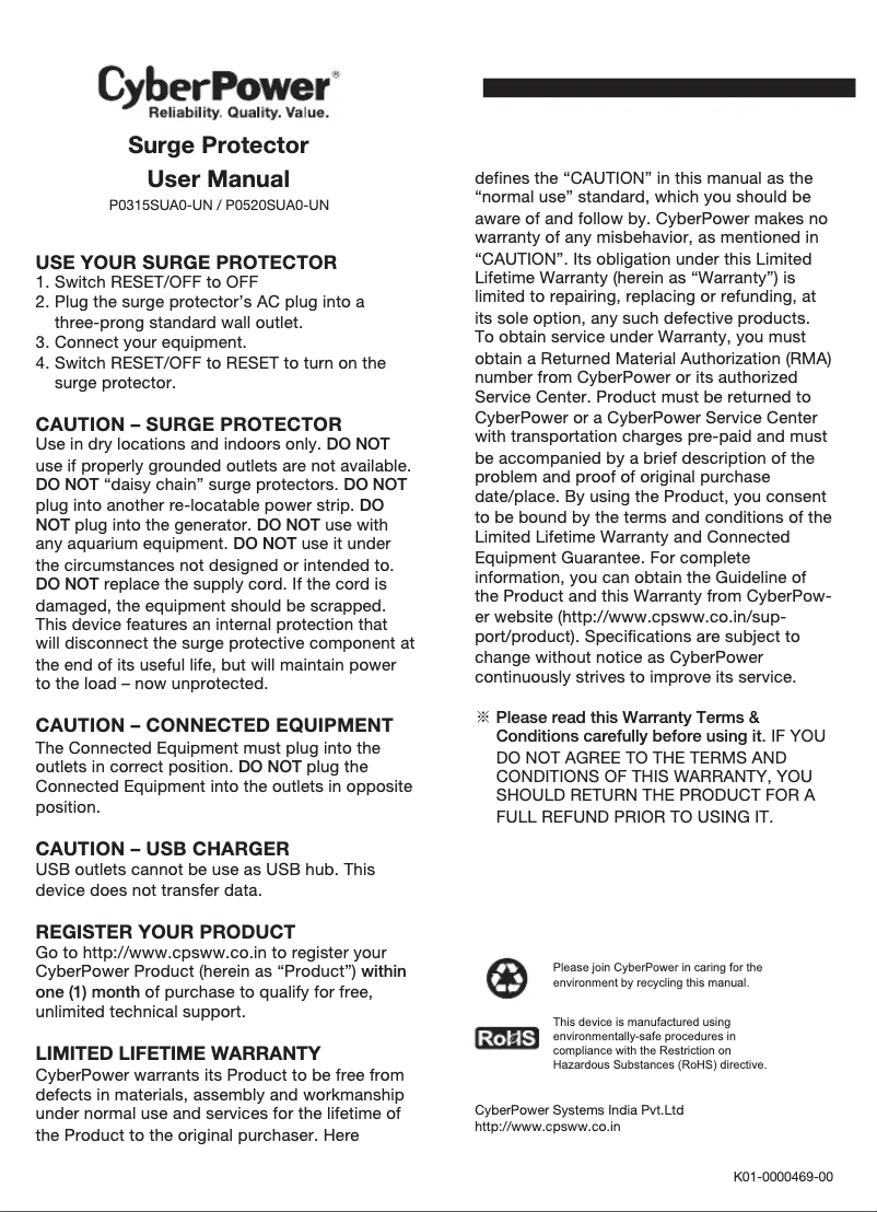 Page n°1 - Manuel utilisateur CyberPower P0315SUA0