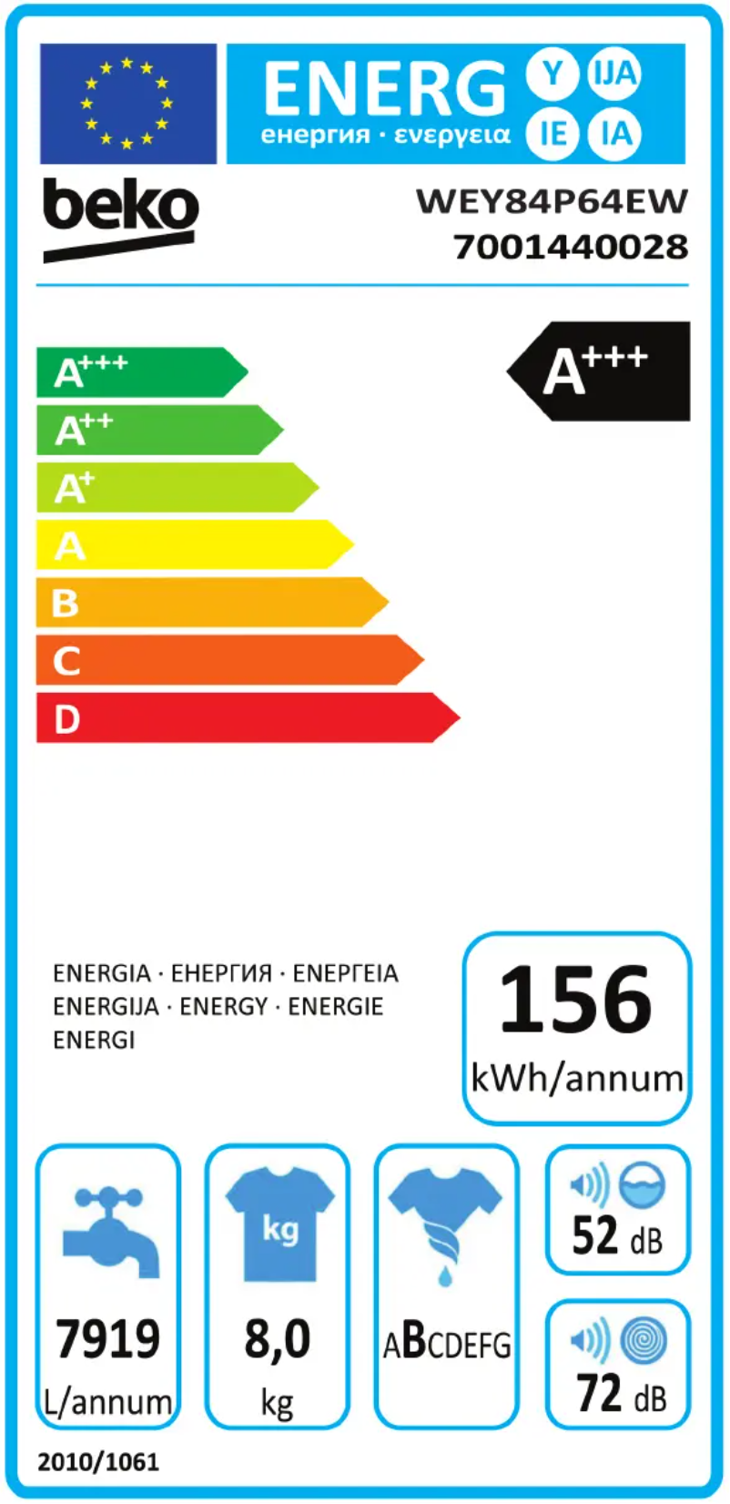 Page 1 de la notice Label énergétique Beko WEY84P64E