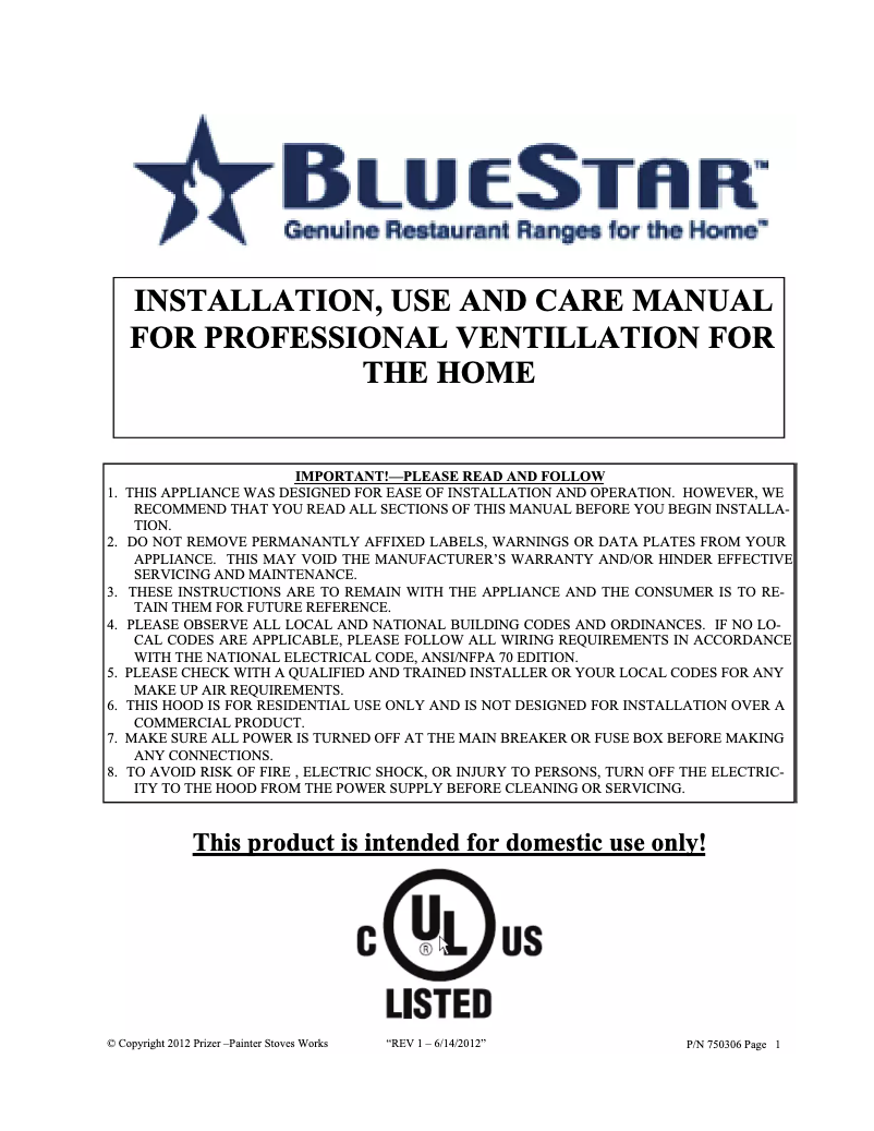 Page n°1 - Manuel utilisateur BlueStar PY048ML