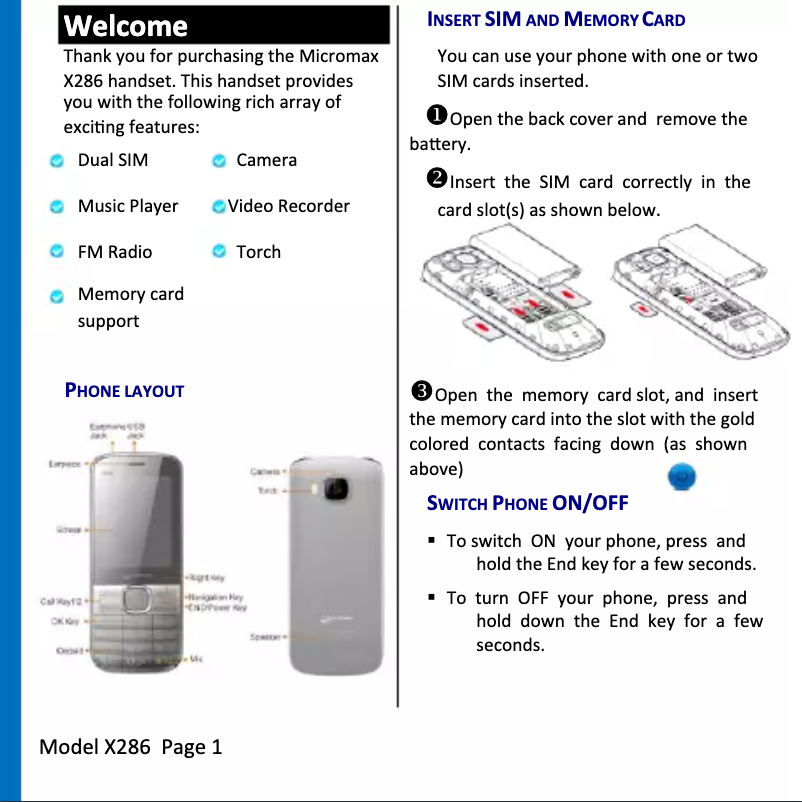 Page 1 de la notice Manuel utilisateur Micromax X286