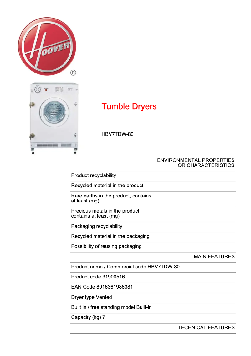 Page n°1 - Fiche technique Hoover HBV7TDW-80