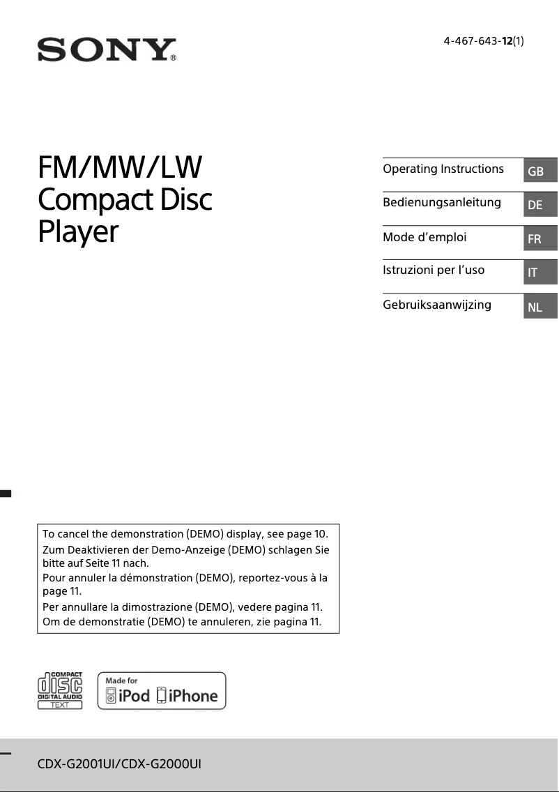 Page n°1 - Mode d'emploi Sony CDX-G2001UI