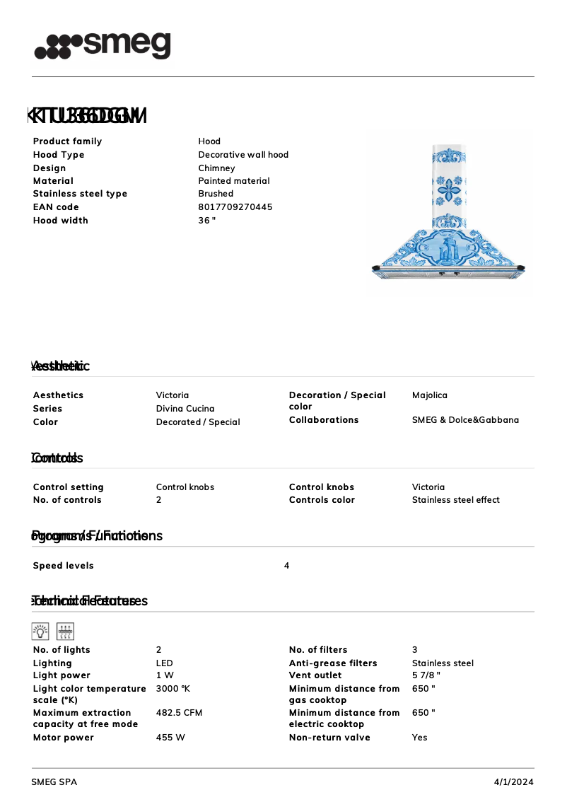 Page 1 de la notice Fiche technique Smeg KTU36DGM