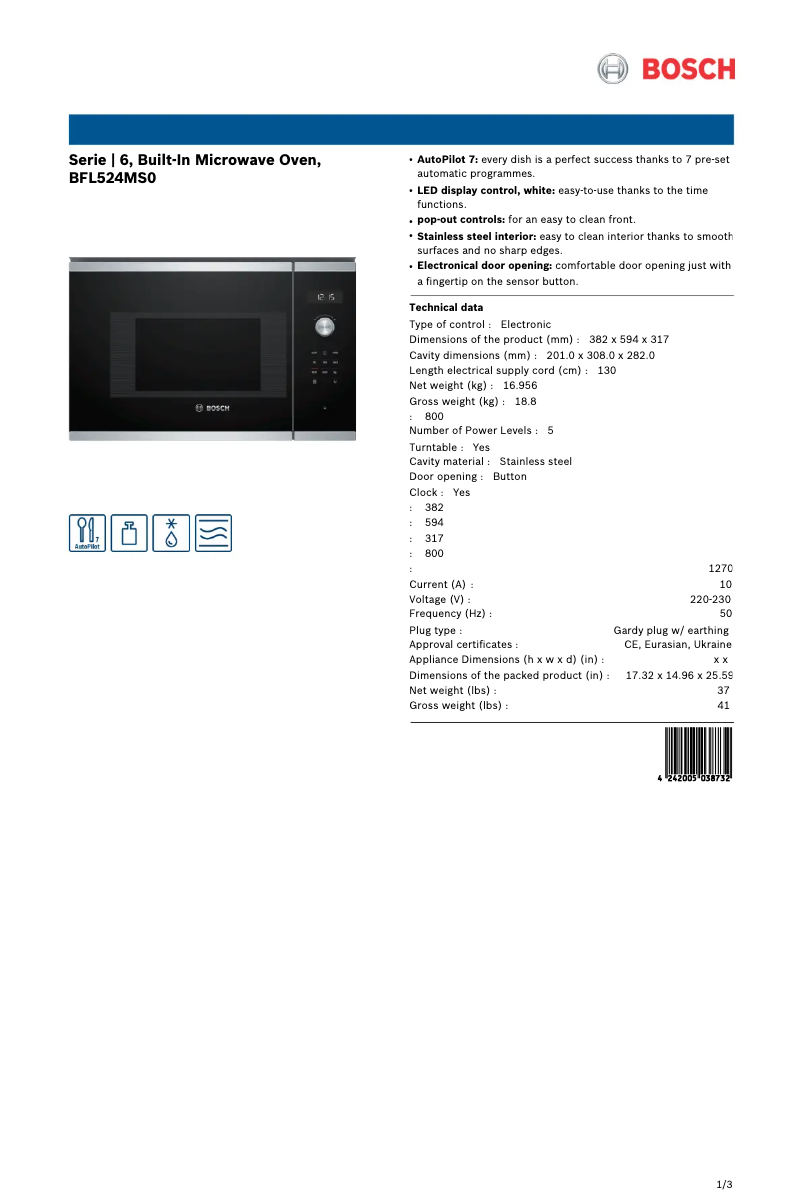 Page 1 de la notice Fiche technique Bosch BFL524MS0