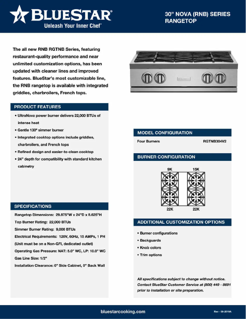 Página 1 del manual Ficha técnica BlueStar RGTNB304BV2