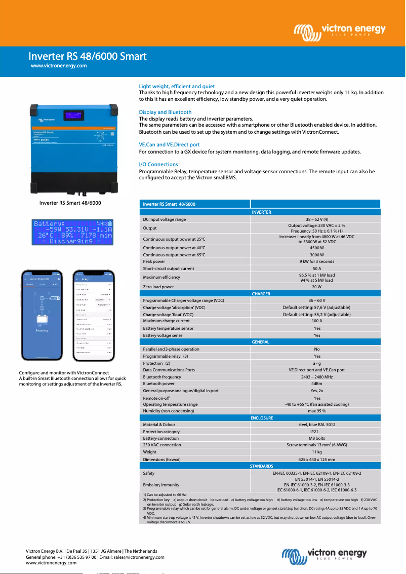Page 1 de la notice Fiche technique Victron Energy Inverter RS Smart