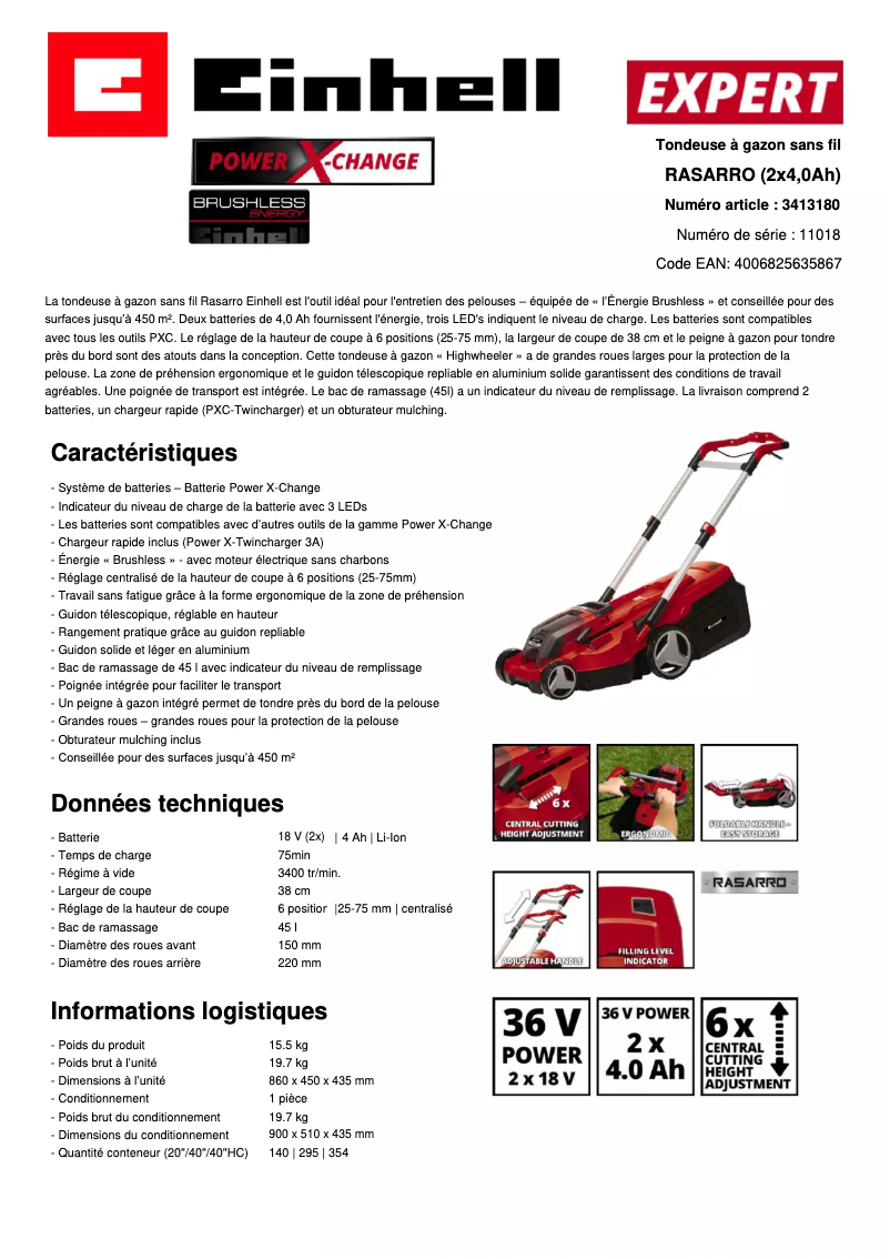 Page n°1 - Fiche technique Einhell Rasarro 36/38